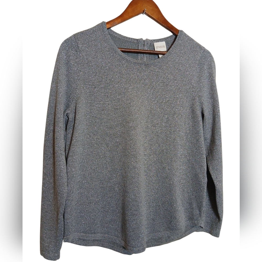 Chicos Blouse Lightweight Sweater Chicos Size 1 USA size med Gray with Shimmer - Picture 3 of 7
